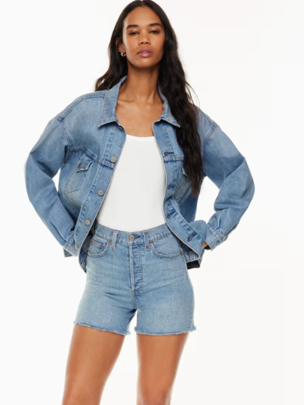 Aritzia Denim Forum The 50's Arlo Mid Thigh Denim Shorts Light Medium Wash